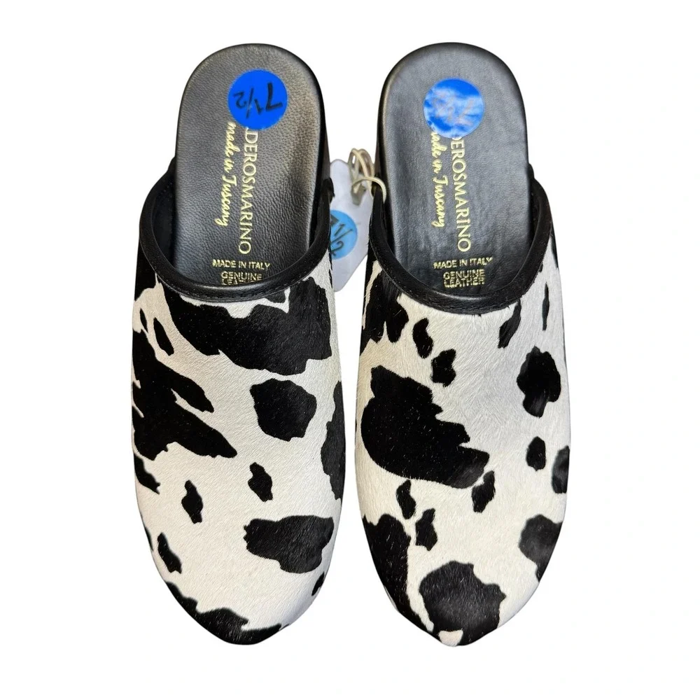 Verderosmarino Shoes Womens Size 7.5 Black Cow Print Leather Wedge Mules